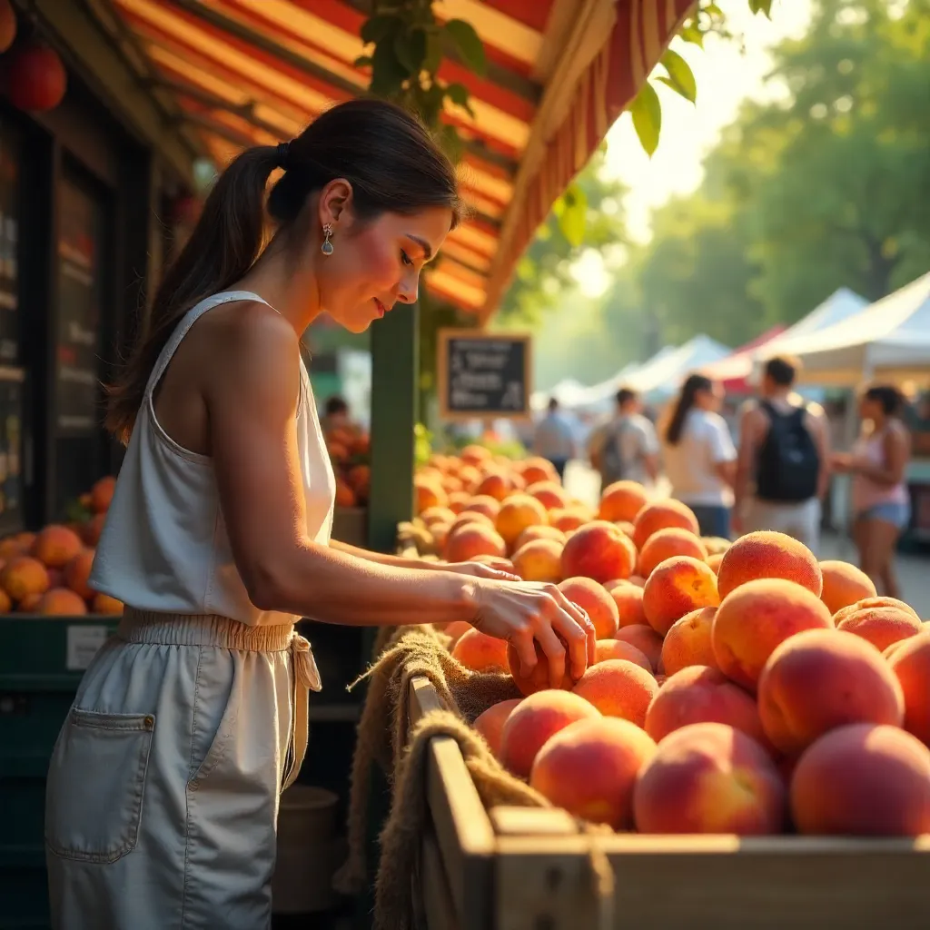 Picking Fresh Peaches at a Lively Market Stall