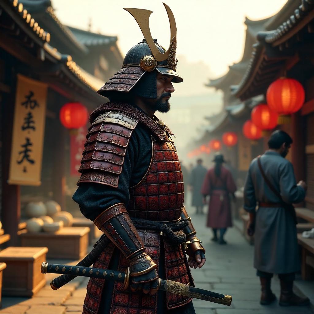 3D Samurai in a Bustling Market