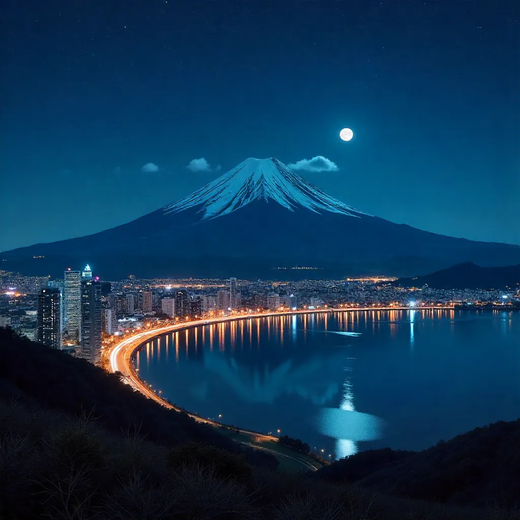 Stunning Night View of Mount Fuji Over Shizuoka City Lights