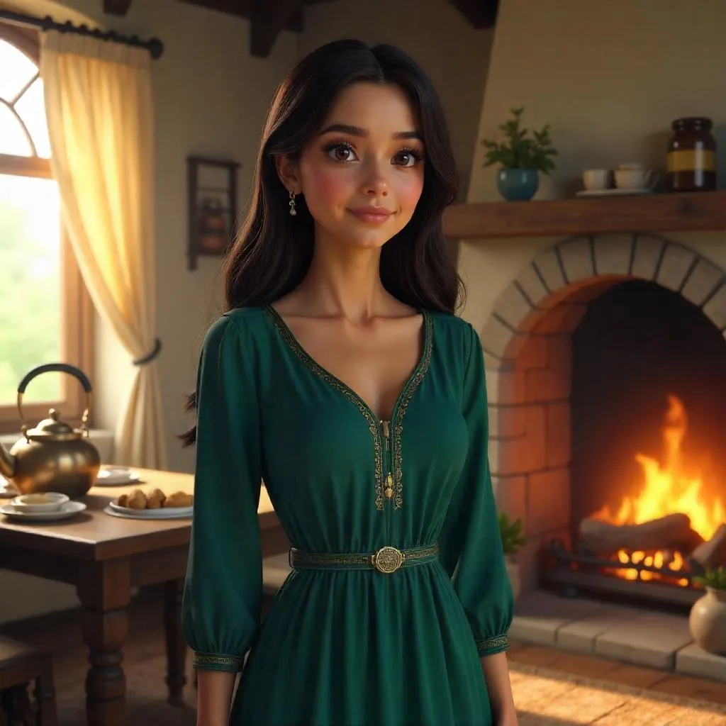 3D Render: Elegant Middle Eastern Woman in a Cozy Cottage