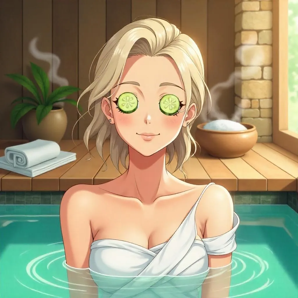 Calm Anime Spa Scene with an Adult Caucasian Woman