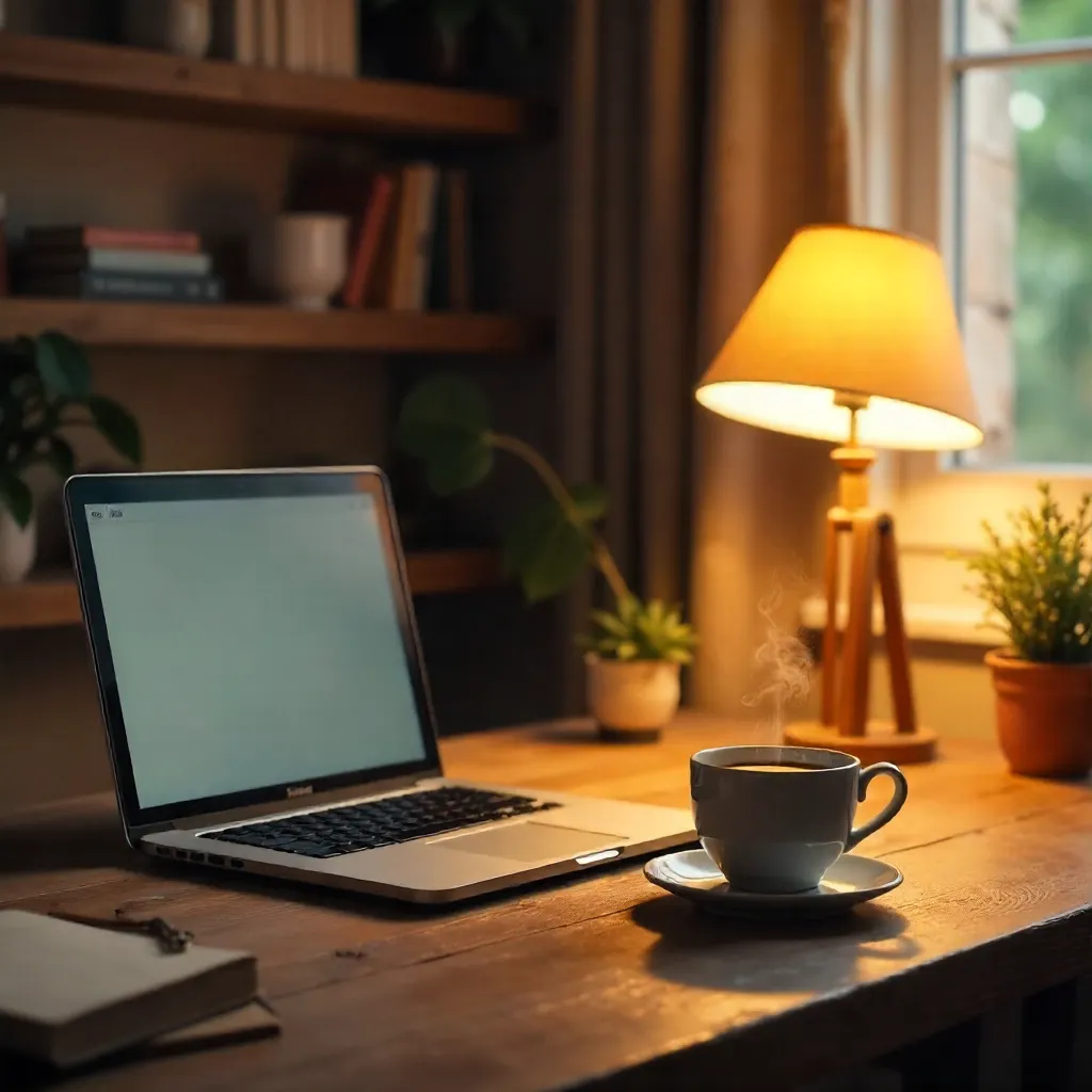 Cozy Home Office: Laptop, Coffee, Desk Lamp