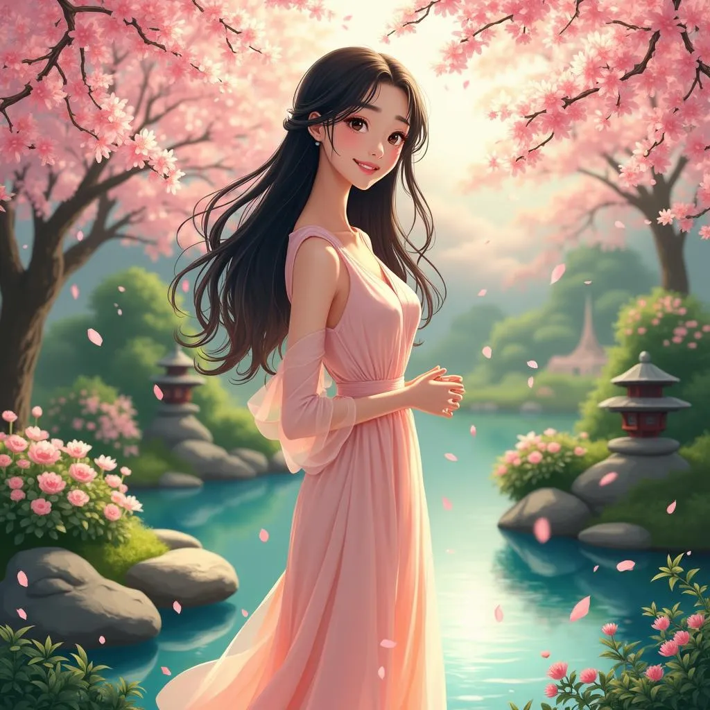 Young Asian Woman in a Tranquil Anime Garden