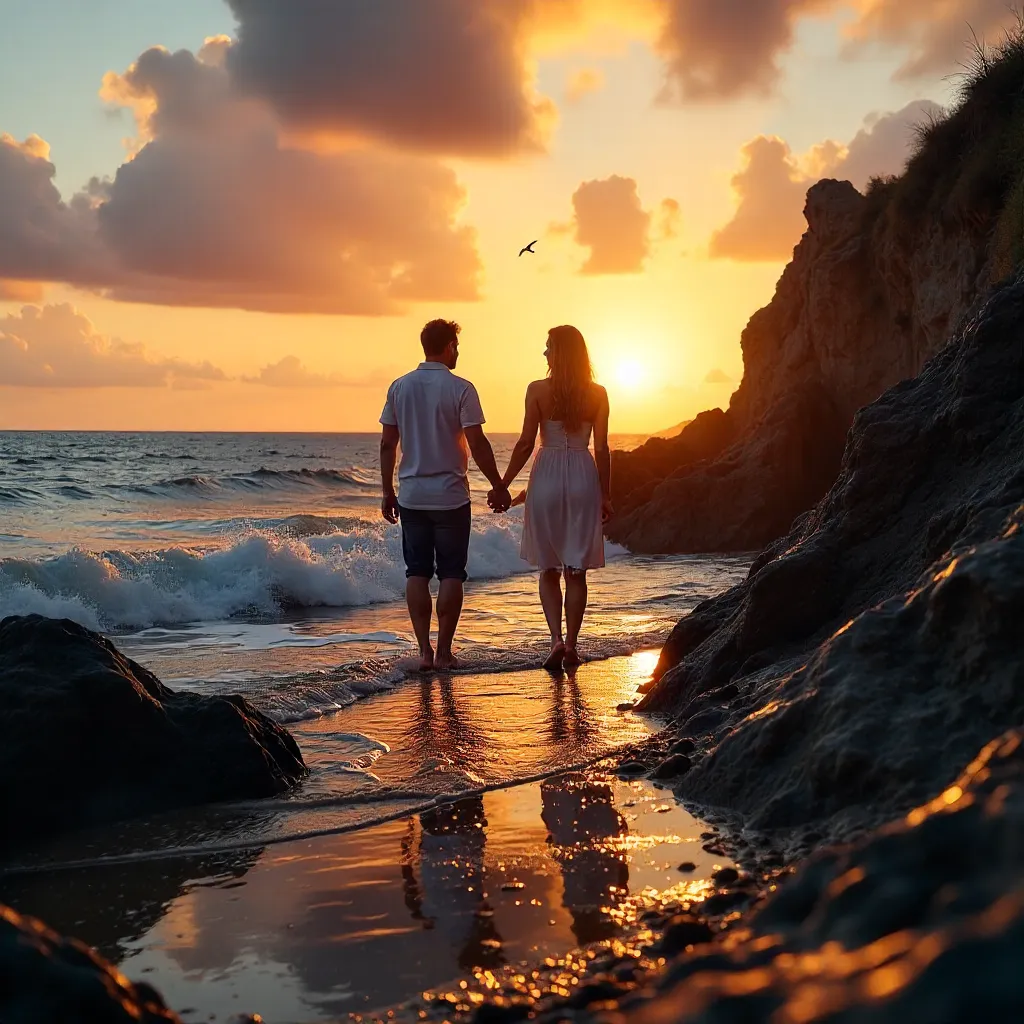 Romantic Sunset Walk on a Rocky Shore