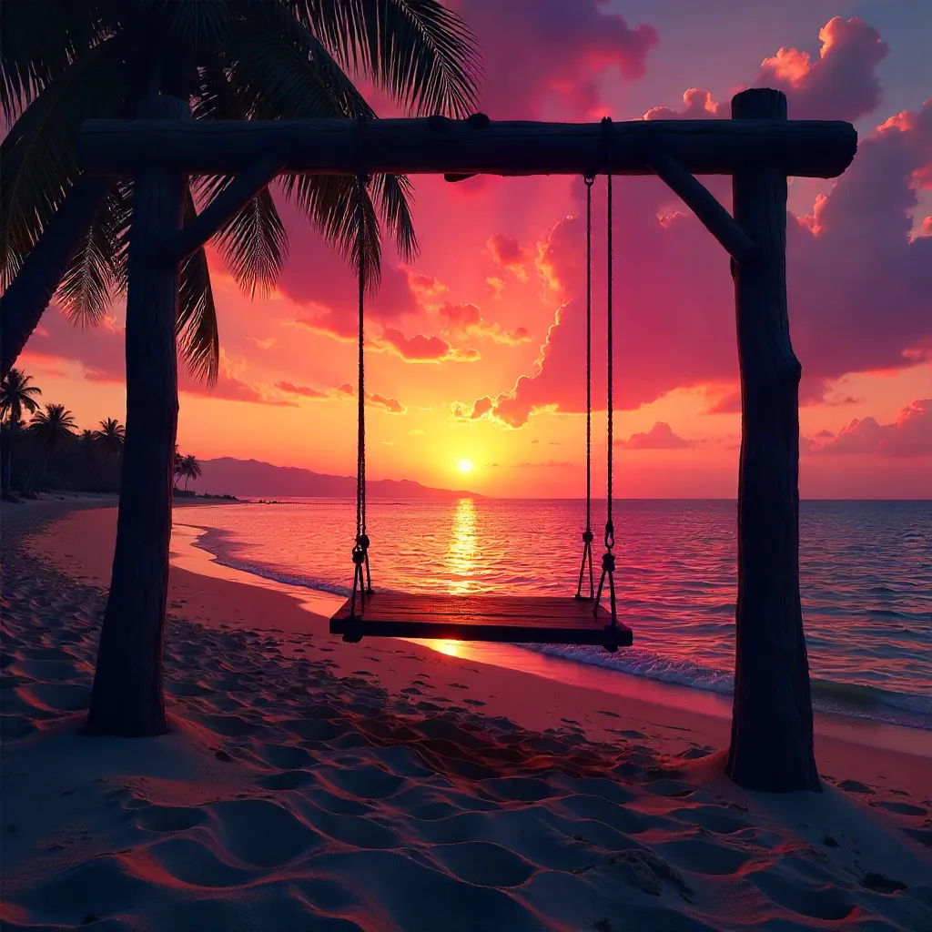 Silhouette Beach Swing at Colorful Sunset
