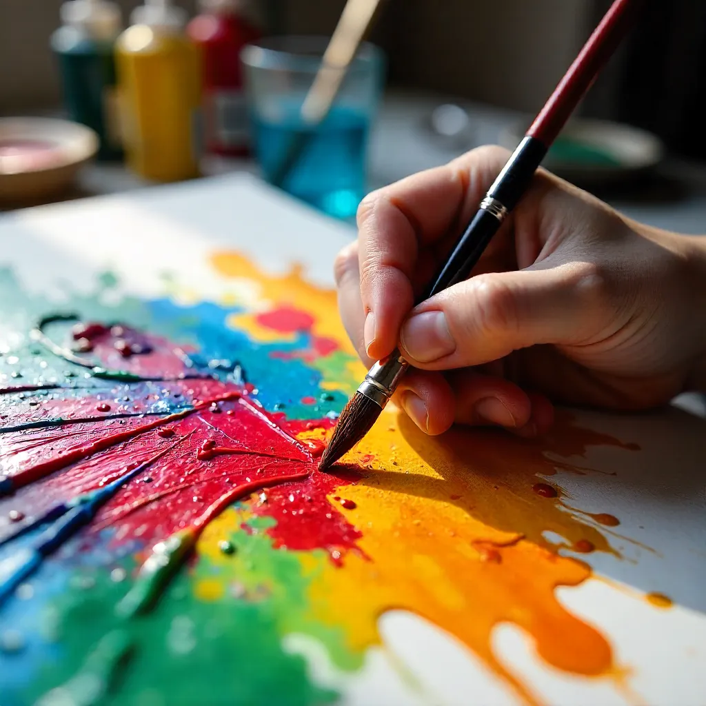 Close-Up: An Artist's Hand Painting Vibrant Acrylics