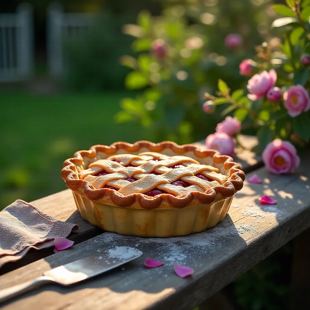 Rustic Summer Pie on a Pink-Flowered Bench
