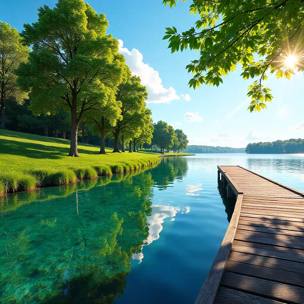 Sunny Lakeside Reflection along a Tree-lined Walkway