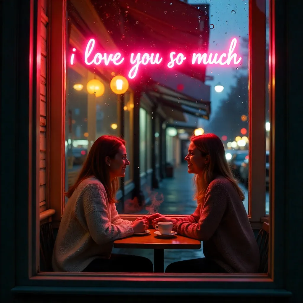 Window View: Two Women in Cozy Cafe Neon Sign
