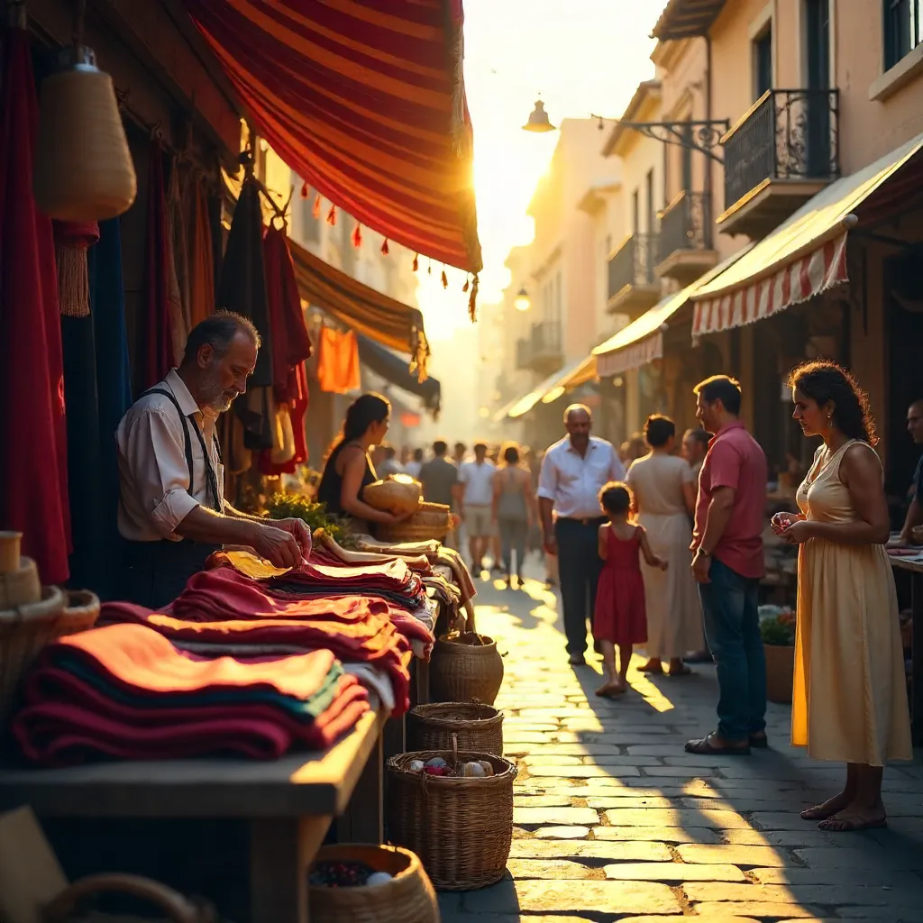 Bustling Textile Market: Merchants and Crowd