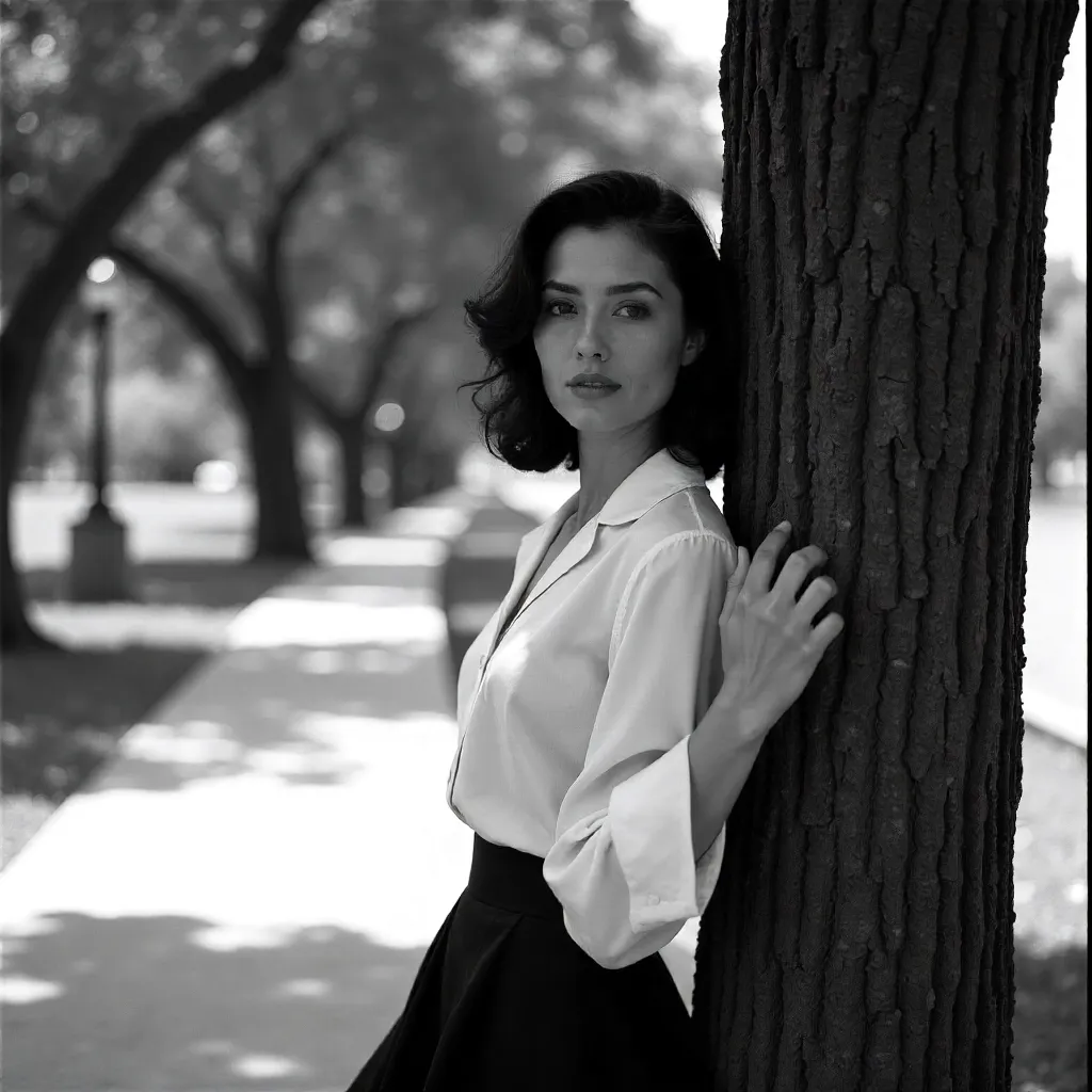 Monochrome Portrait: Woman Leaning by a Tree in Buenos Aires Park