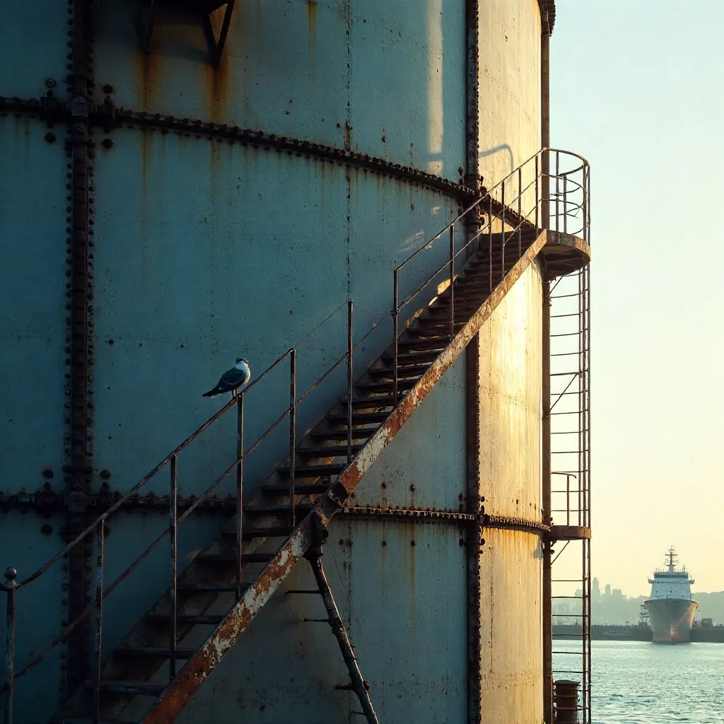 Seagull on Industrial Tank Staircase Casting Shadows