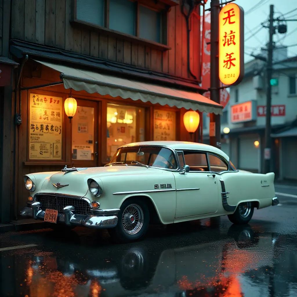 White Classic Car in Front of Nostalgic Japanese Shop