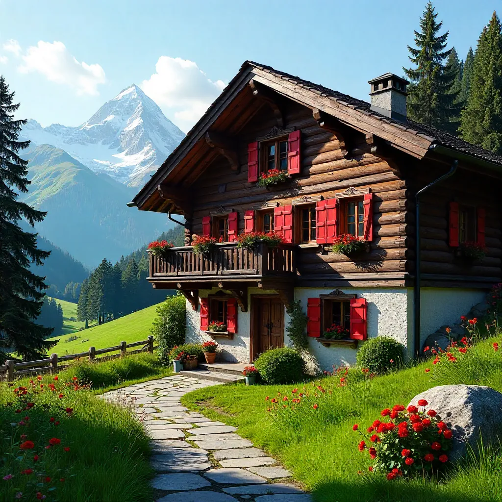 Grindelwald Chalet with Red Shutters in Alpine Beauty