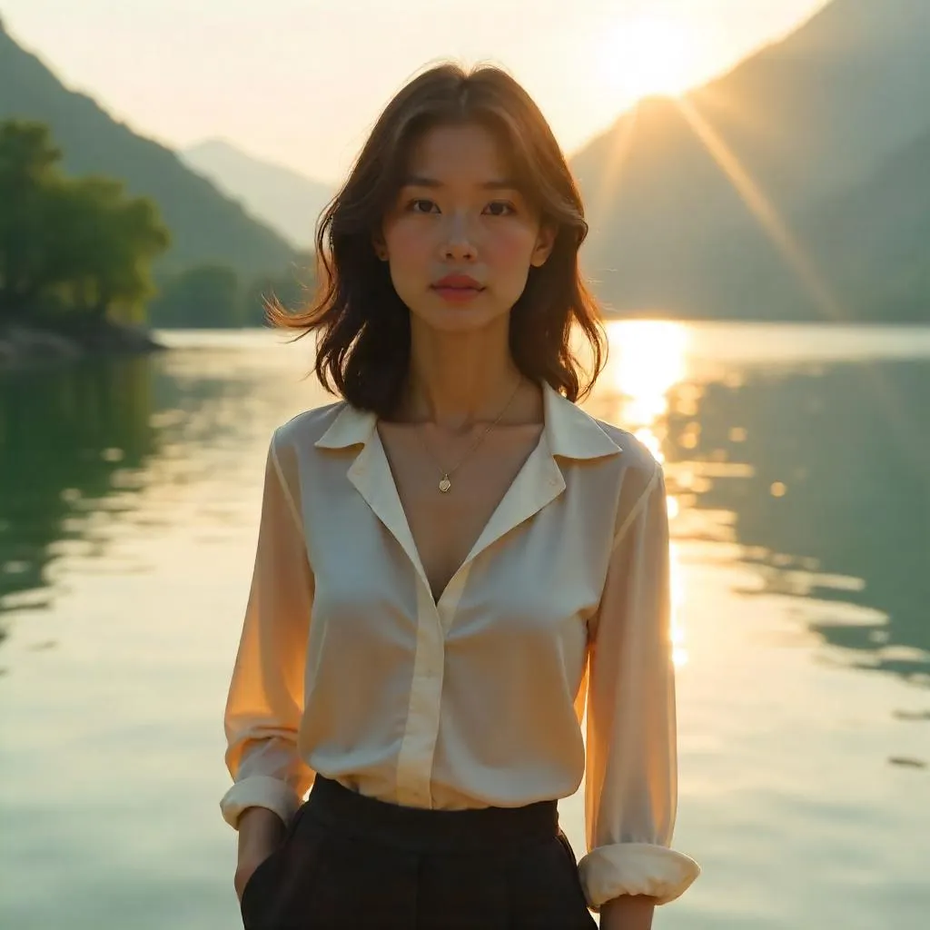 Lakeside Chic: Photorealistic Asian Woman Portrait