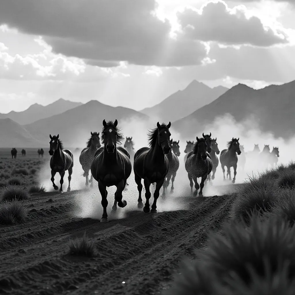 Monochrome Gallop: Wild Horses in Xinjiang Rain