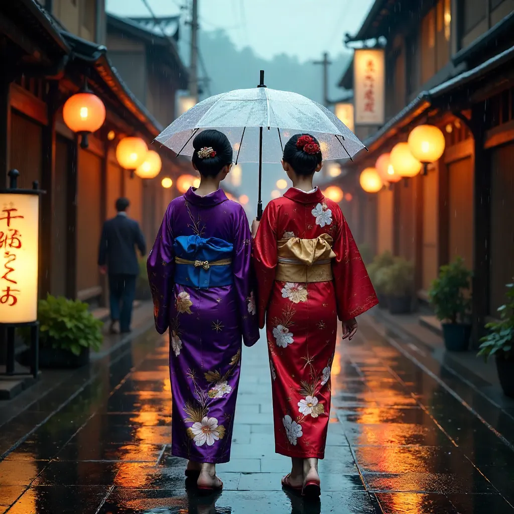 Clear Umbrella Kimono Walk in Rainy Kyoto Street