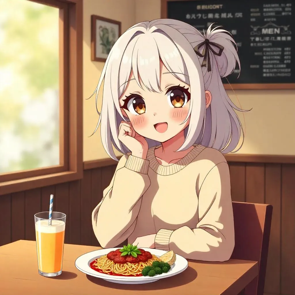 Cheerful Anime Girl Dining in a Cozy Restaurant