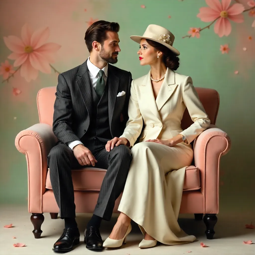 Elegant Vintage-Suited Couple on a Pastel Backdrop