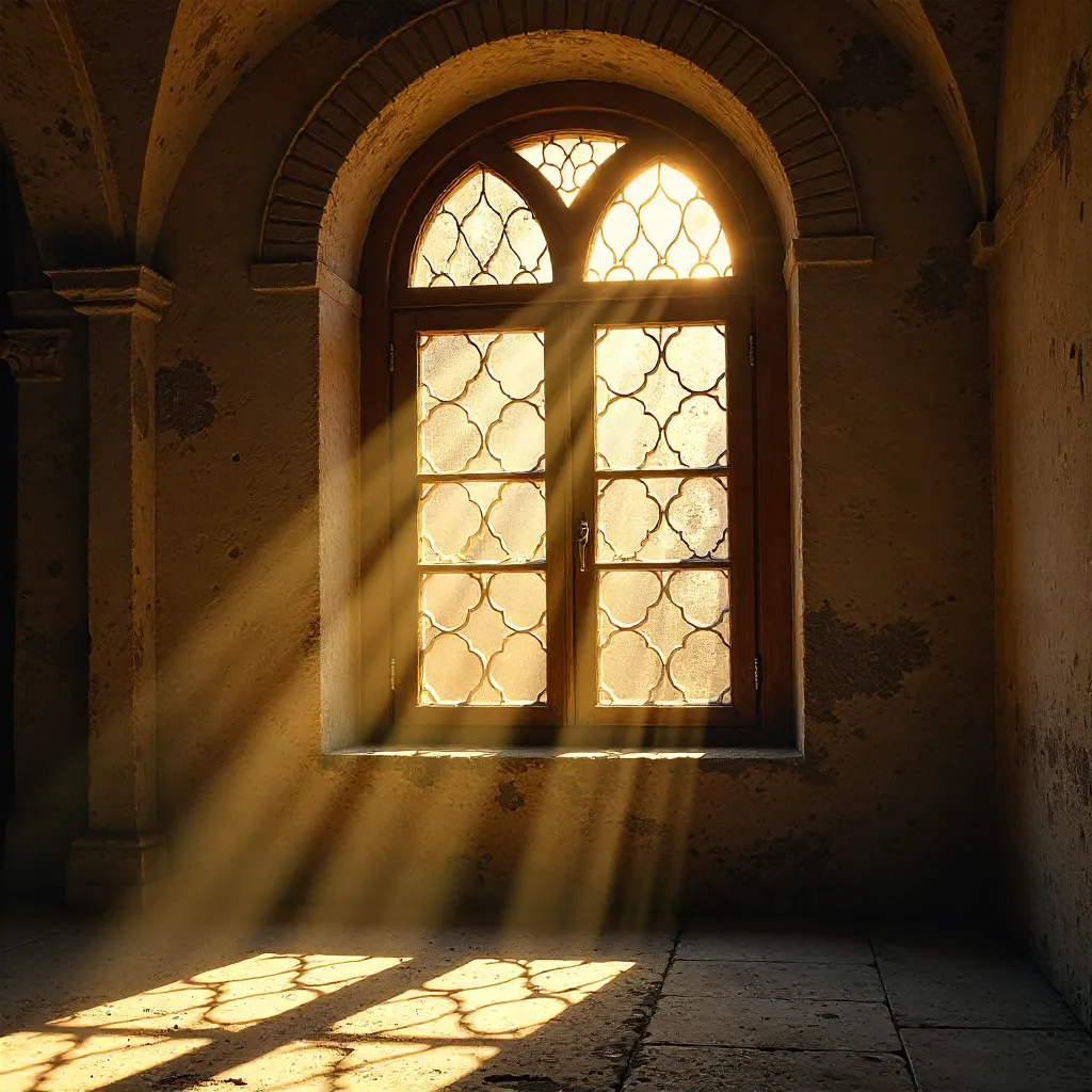 Sunlight Patterns Through an Antique Window in a Historic Hall