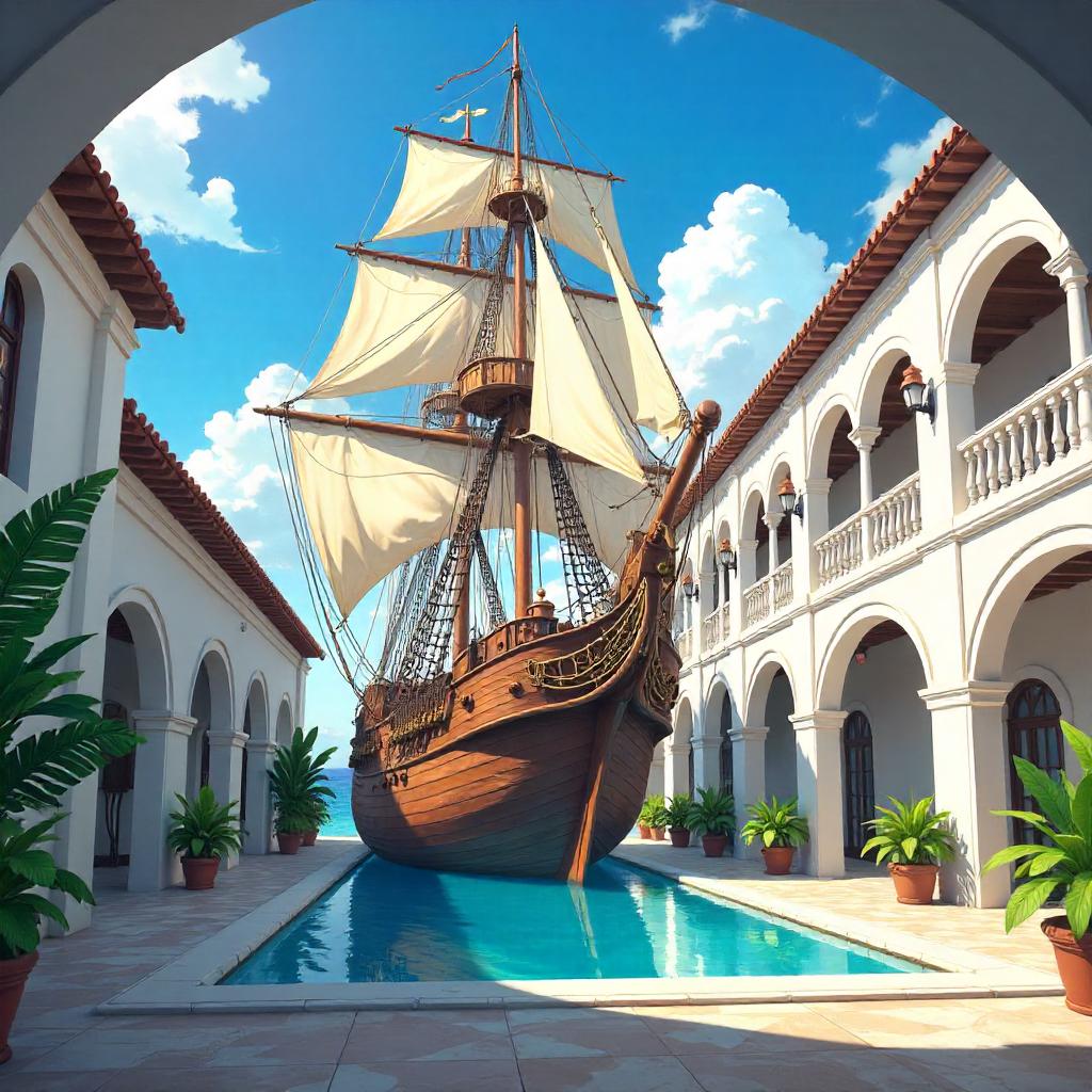 Sailing Ship in a Villa Courtyard (Anime Style)