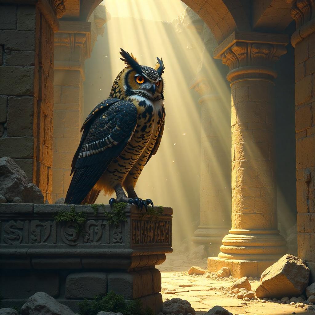 Owl Perched in Ancient Ruins: Concept Art