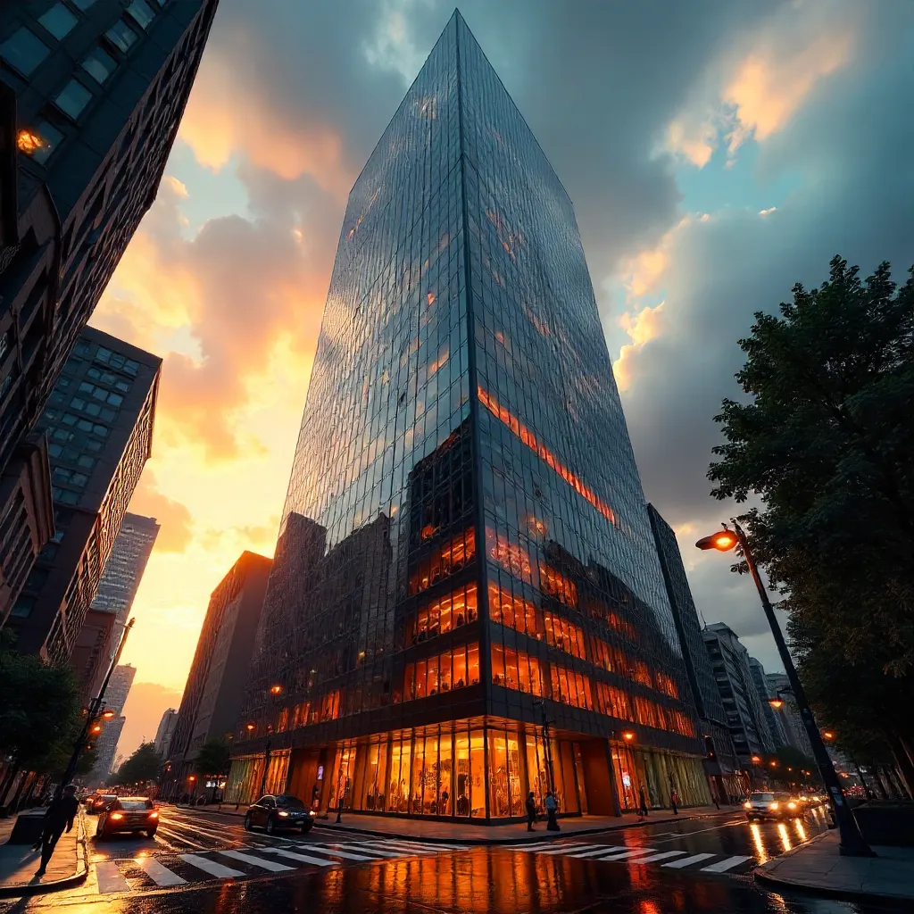 Orange Reflections on a Towering Glass Skyscraper