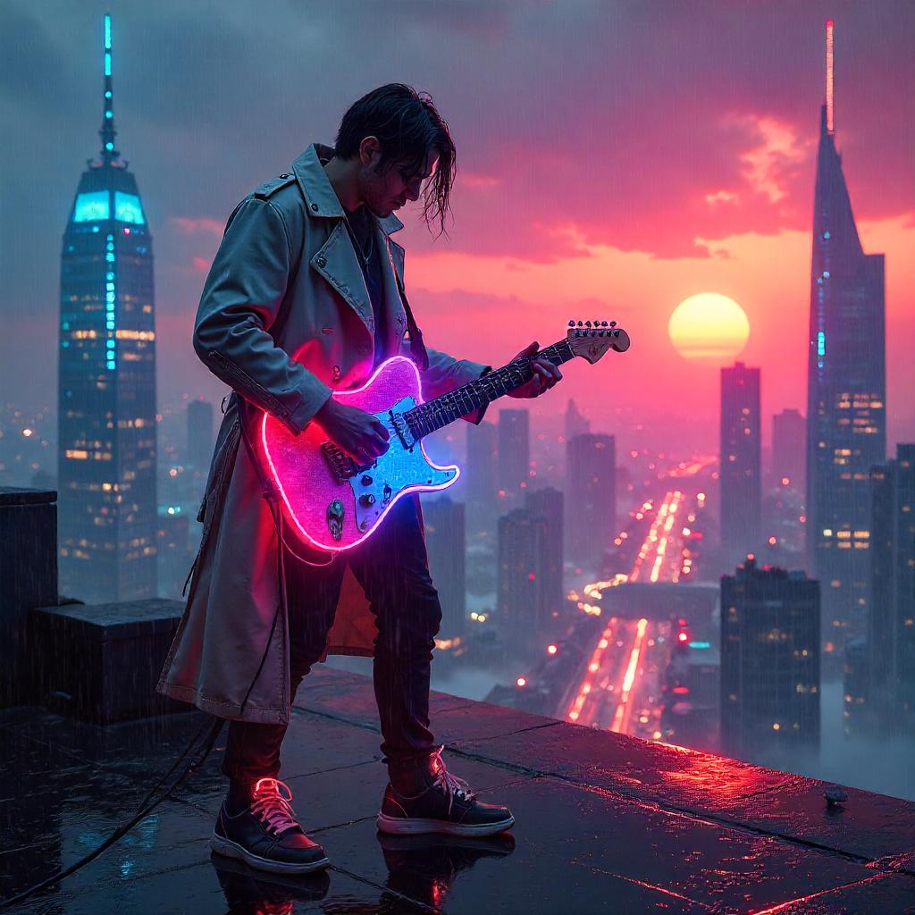 Sunrise Neon Strings on a Cyberpunk Rooftop