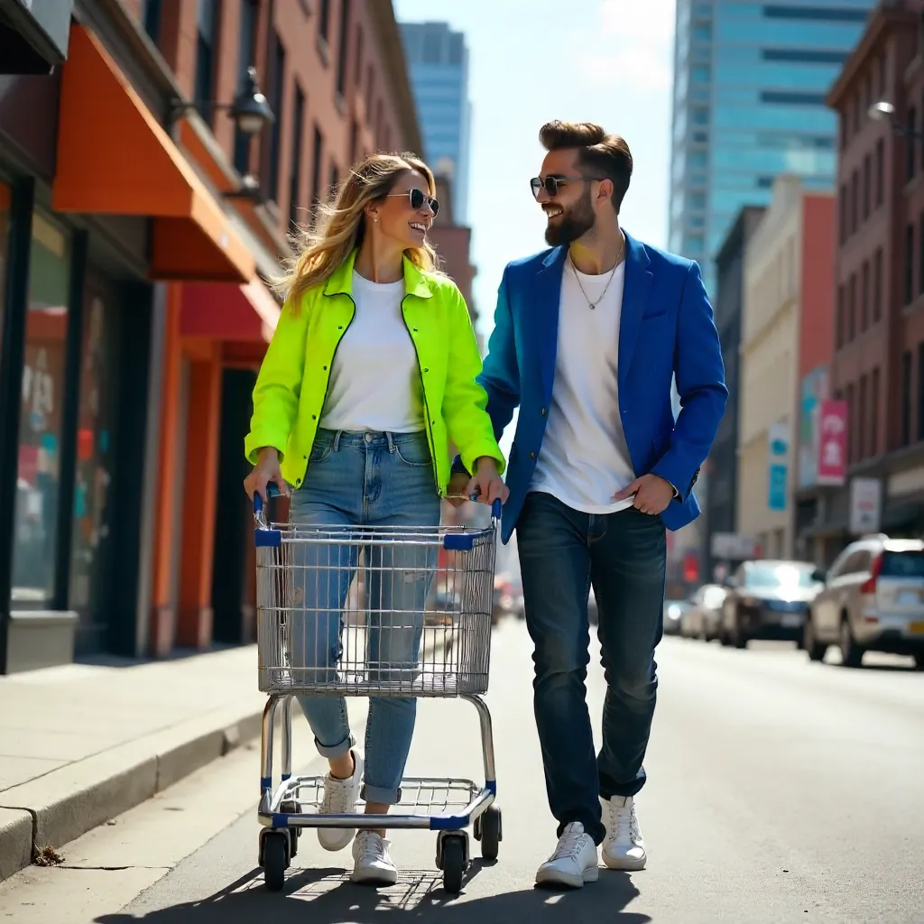 Joyful City Cart Moment: Two Stylish Adults