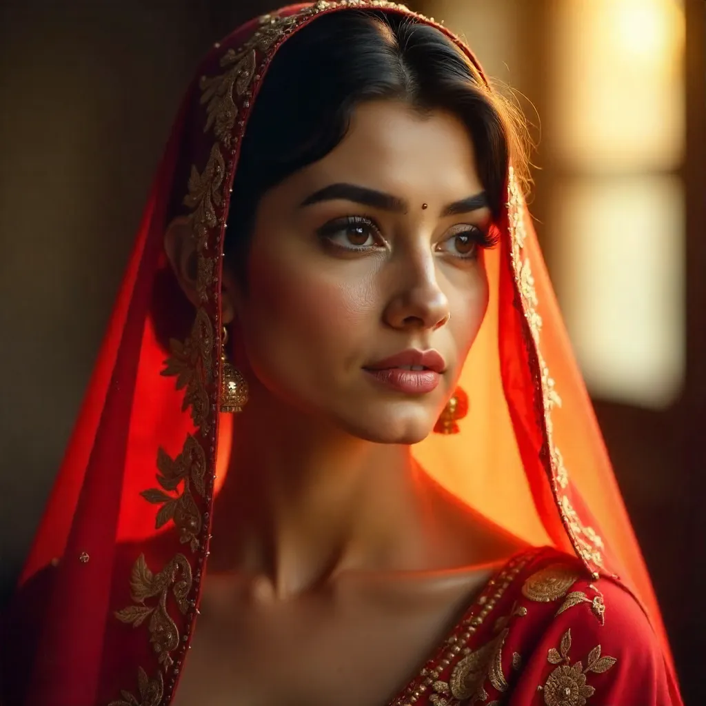 Portrait of a South Asian Woman in a Red Embroidered Veil