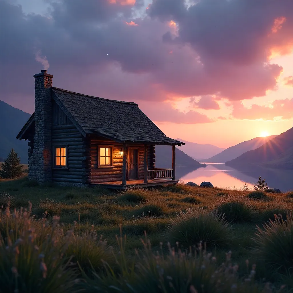 Twilight Rustic Cabin on Open Grassland