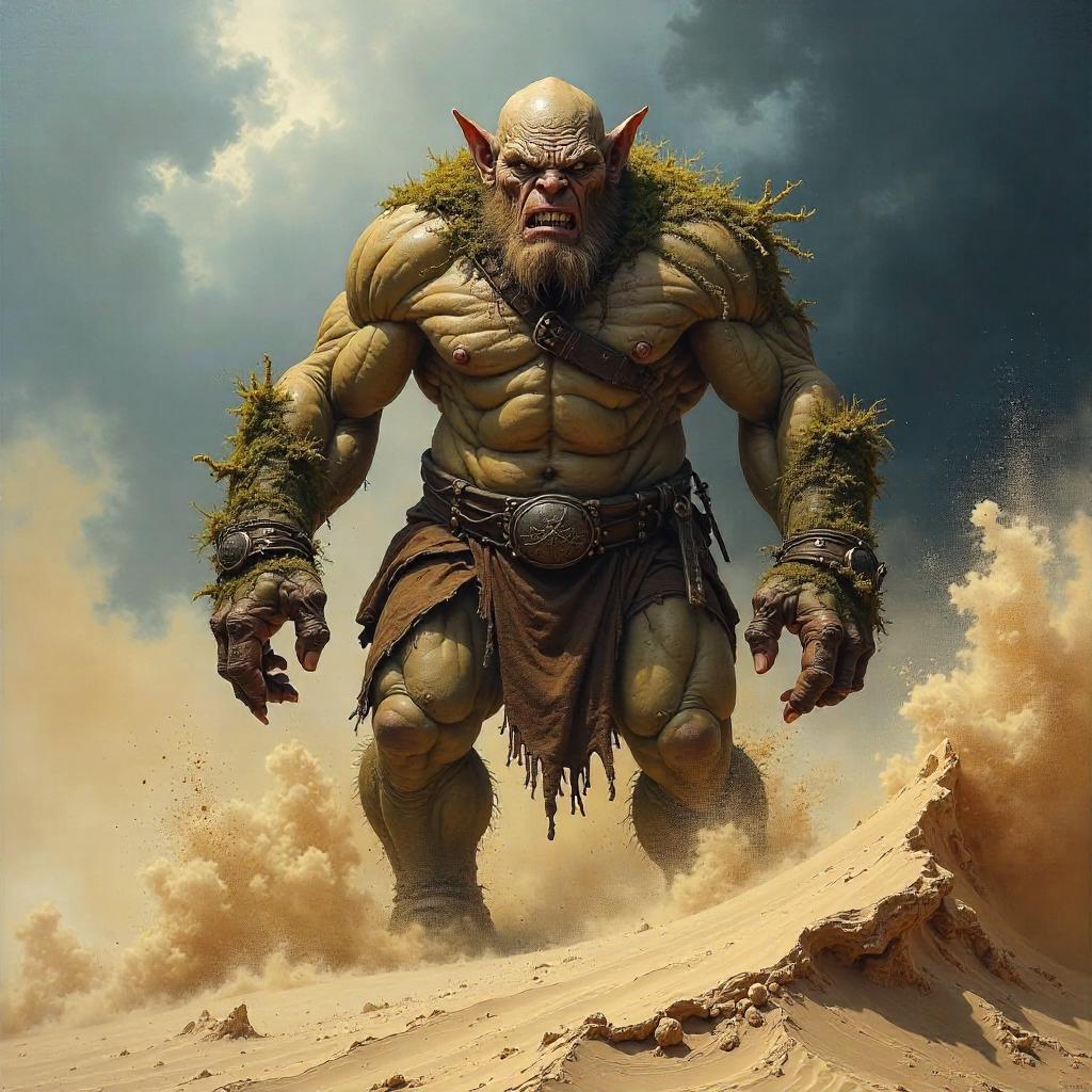 Troll Amid the Sandstorm: An Oil Painting