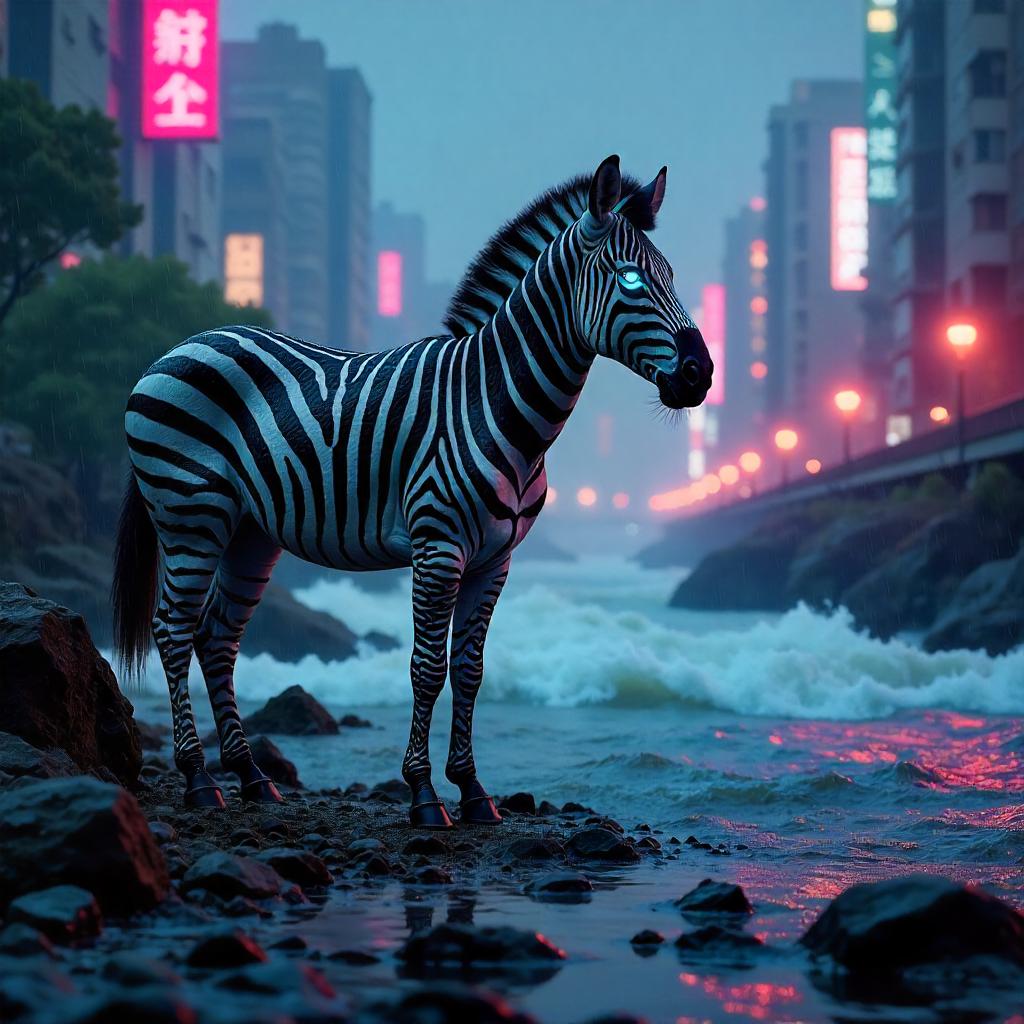 Neon Zebra by the Rushing River in Cyberpunk Night