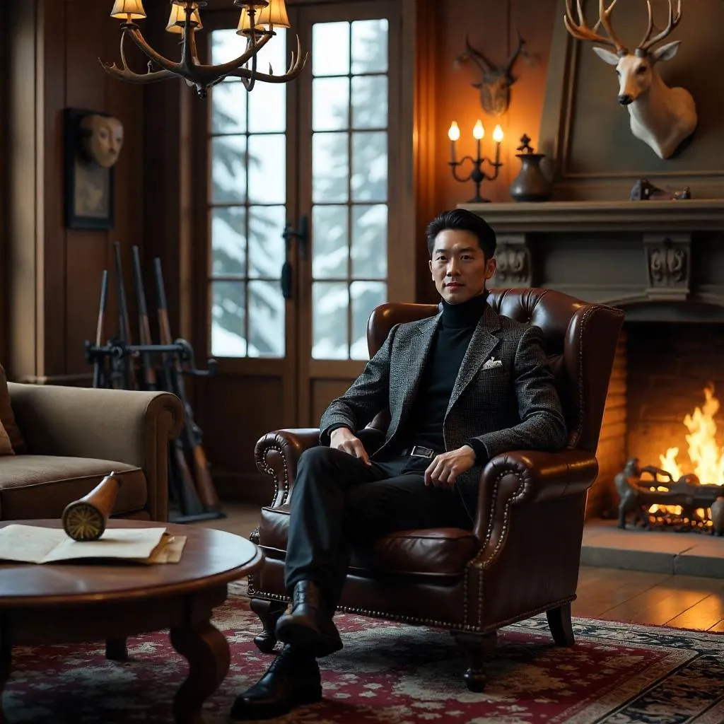 Stylish Asian Man in a Hunting Lodge - 3D Render