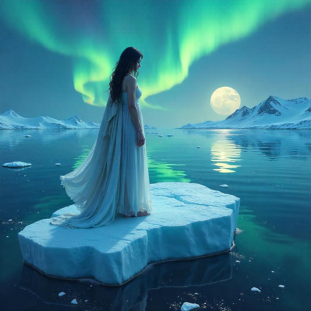 Selkie on a Floating Iceberg Under Aurora