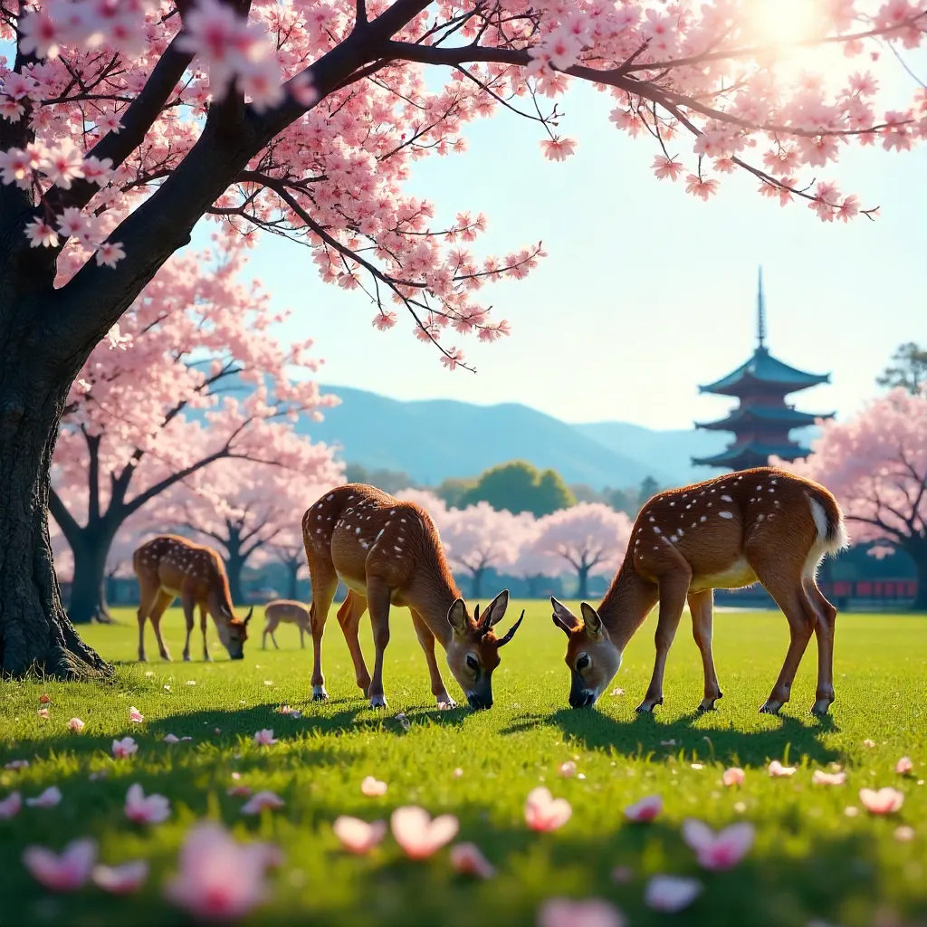 Peaceful Nara Park Deer Beneath Cherry Blossoms on a Sunny Day