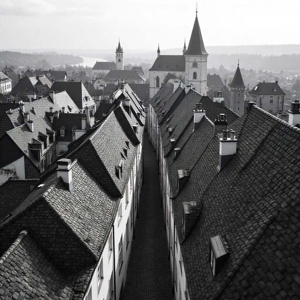 Aerial Black and White Rooftops of Český Krumlov