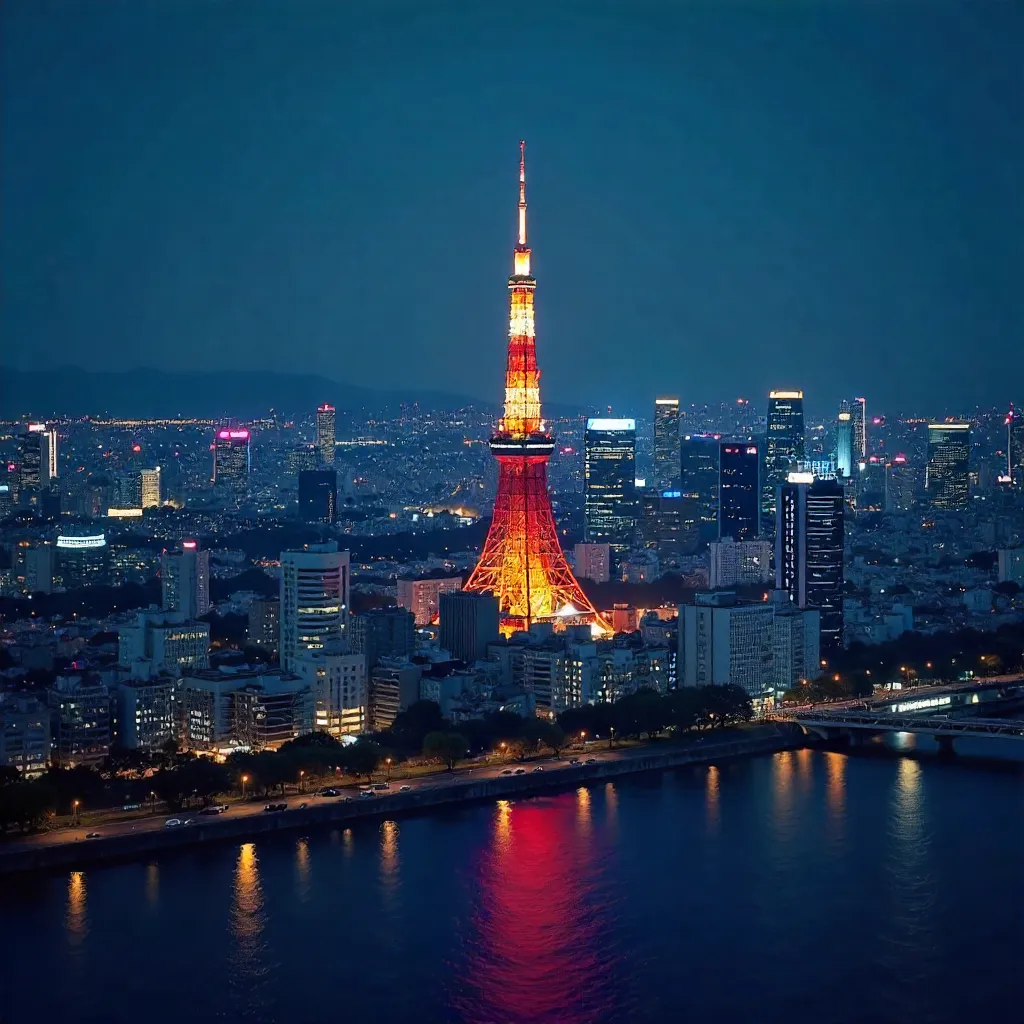 Nighttime Tokyo Skyline with Illuminated Tokyo Tower