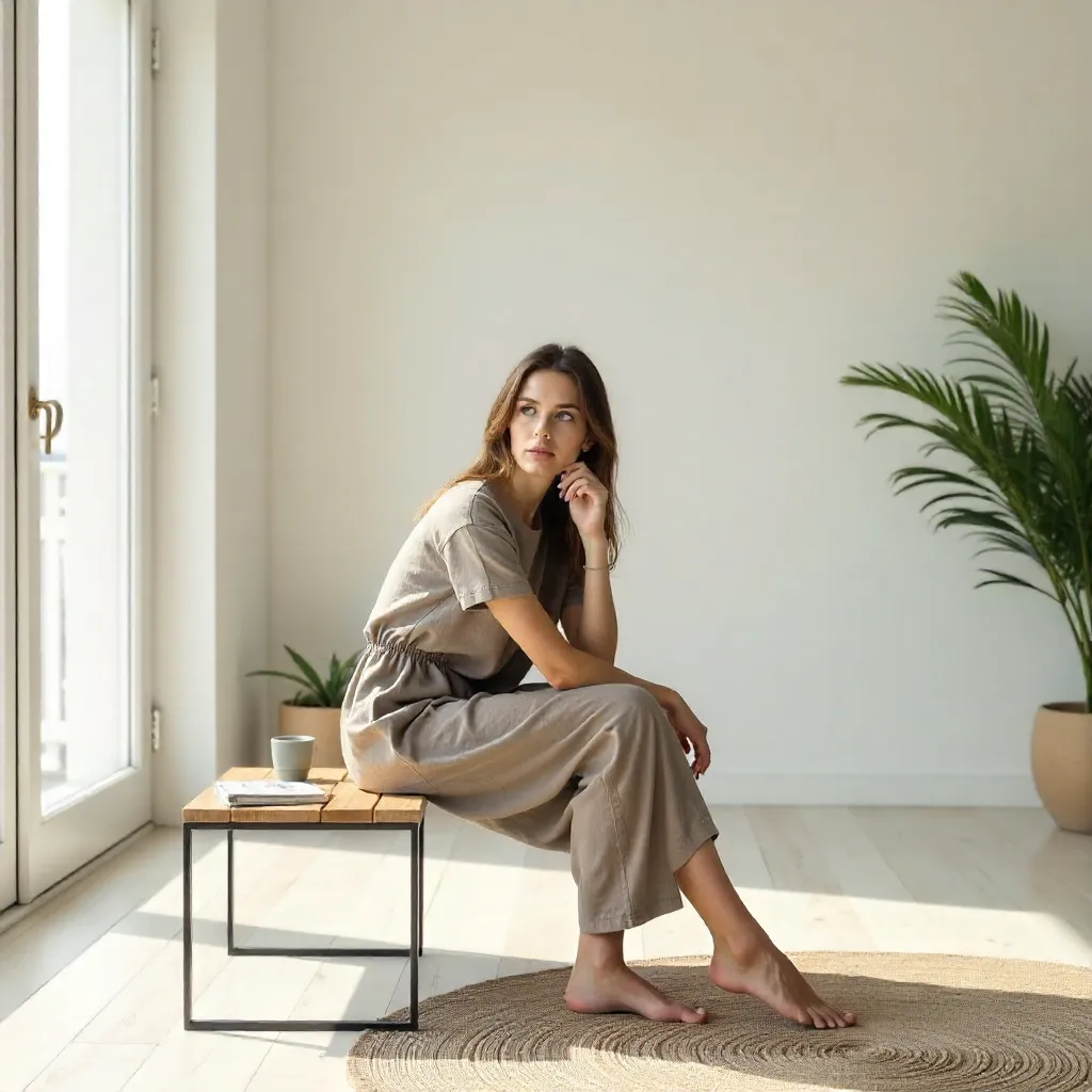 Thoughtful Woman on a Minimalist Bench in Soft Light