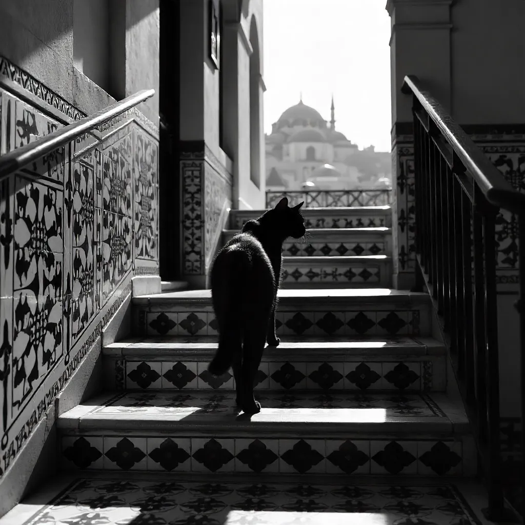 Monochrome Cat on Geometric Istanbul Stairs