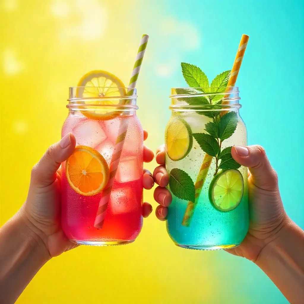 Two Hands Hold Colorful Iced Drinks in Jars