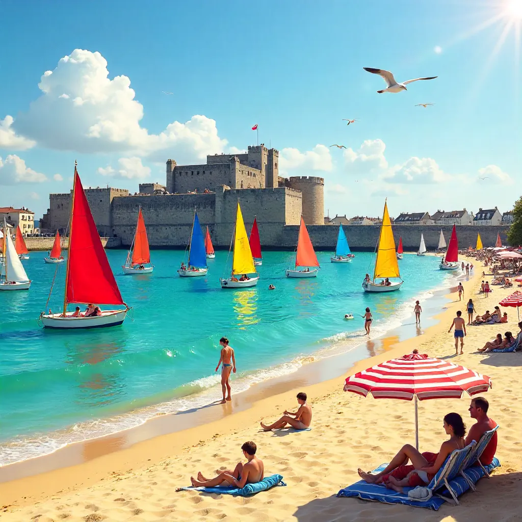 Sunny Saint-Malo: Sailboats and Beachgoers