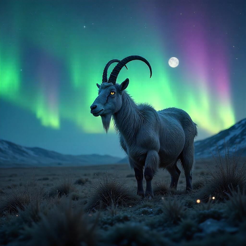 Aurora Glow: Photorealistic Goat in Aurora Fields