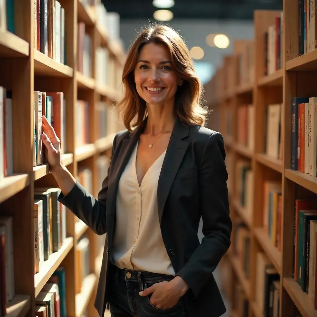 Confident White Woman in a Cozy Bookstore