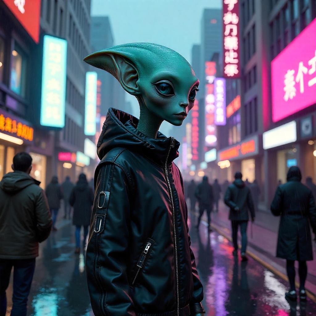 Alien in a Bustling Neon City Street – 3D Render