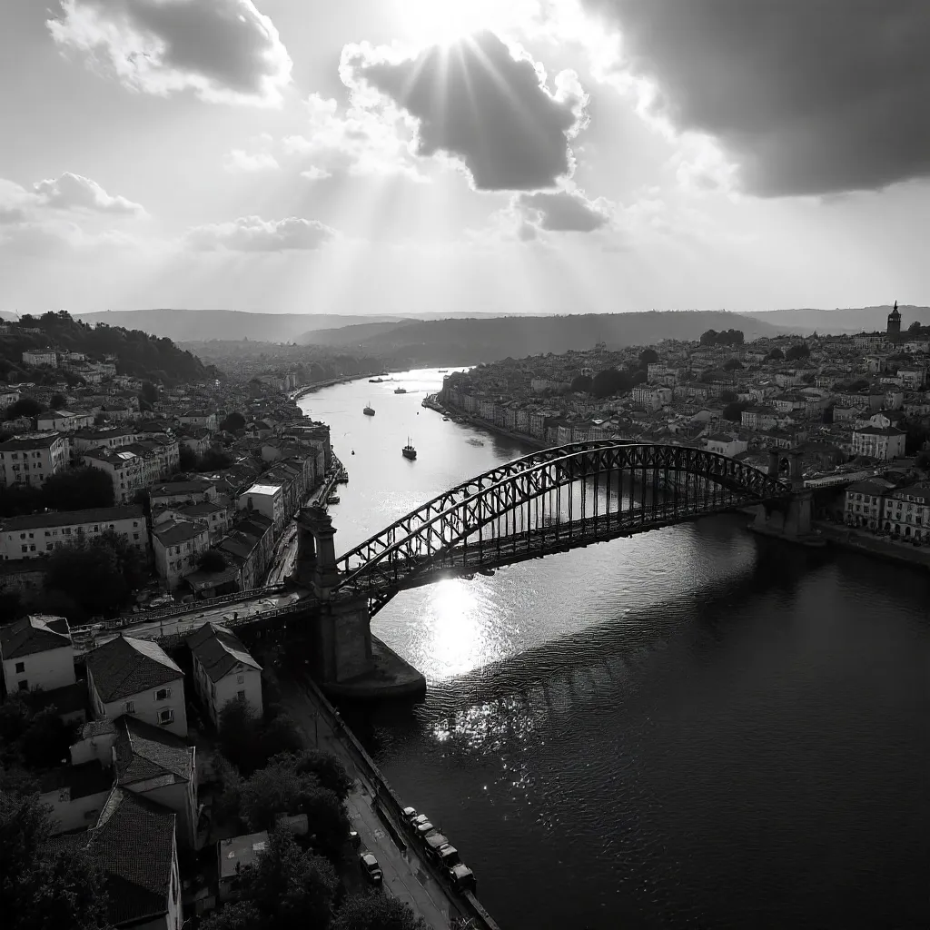 Aerial Noir: Porto’s Douro River and Dom Luís I Bridge