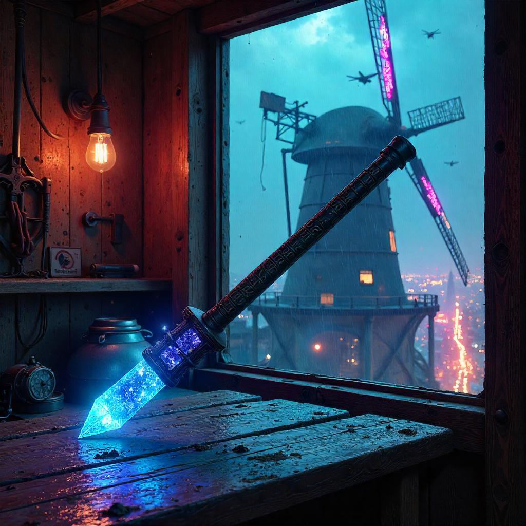 Wand of Neon Power in a Cyberpunk Windmill