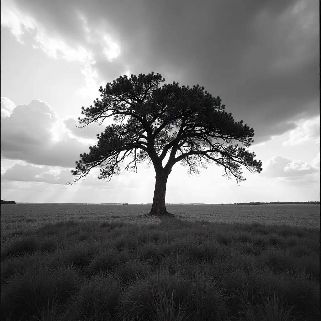 Lone Tree in a Vast Field: Dramatic B&W