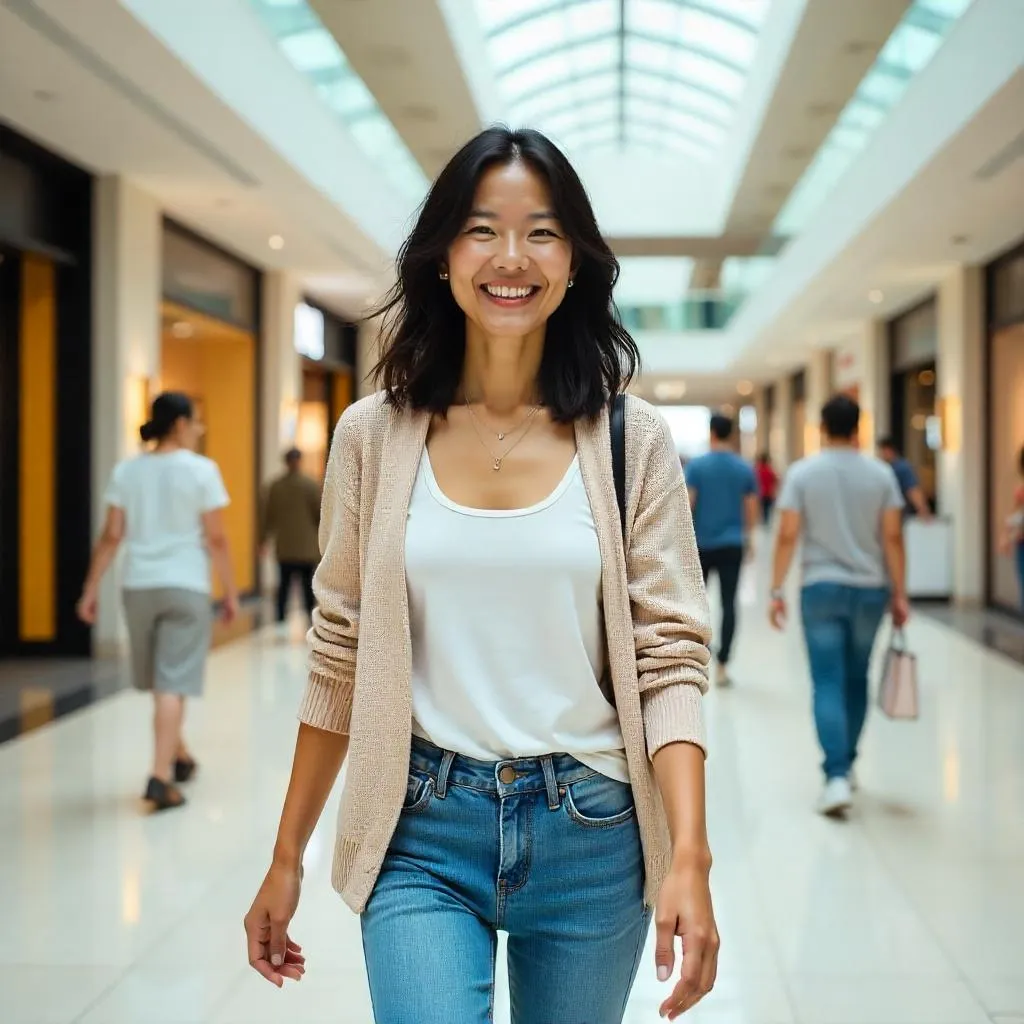 Cheerful Asian Woman in a Lively Shopping Mall