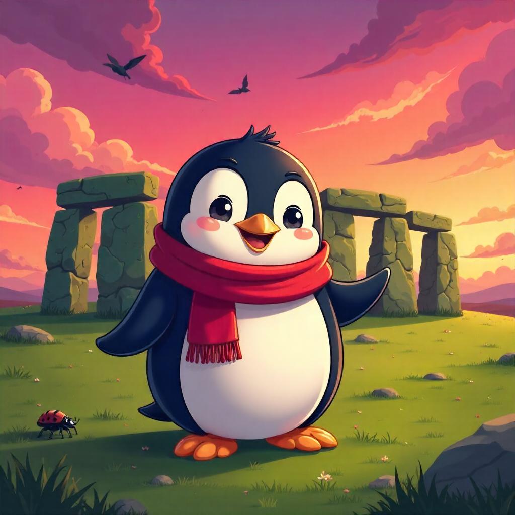 Penguin at Stonehenge: Cartoon Adventure